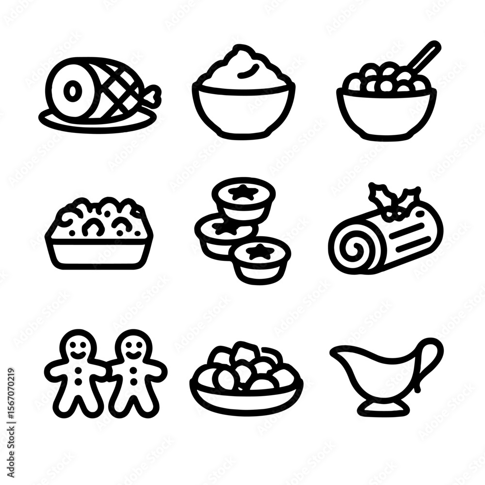 Christmas Dinner Icons. Solid, filled icon set of traditional Christmas dishes: glazed ham, mashed potatoes, cranberry sauce,