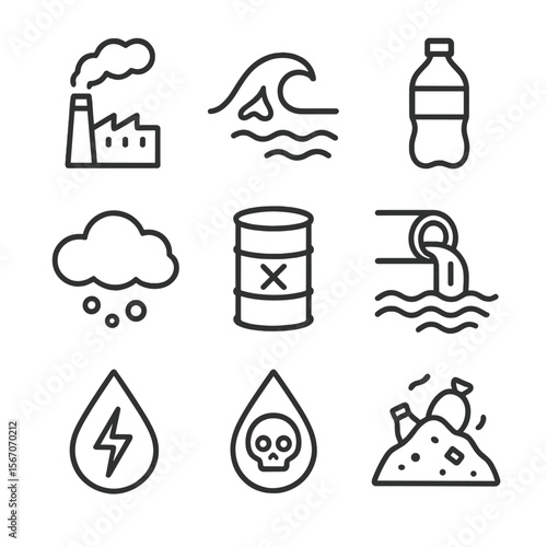 Pollution Sources Icons. Outline icon set of pollution sources and effects: factory smokestack, oil spill wave, plastic bottle,