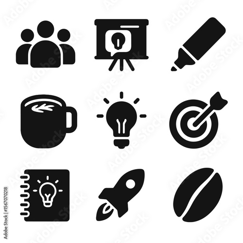 Brainstorming Icon Set. Solid, filled icons set of brainstorming with coffee: group icon, shared idea board,