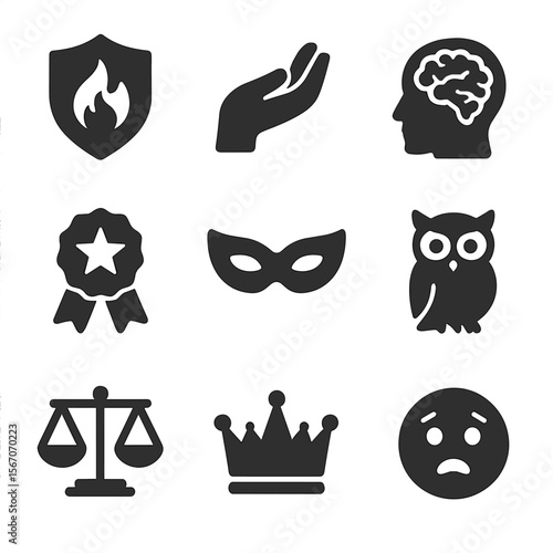 Character Traits Icons. Solid, filled icon set of character traits: courage symbol, kindness hand, intellect brain, loyalty badge,