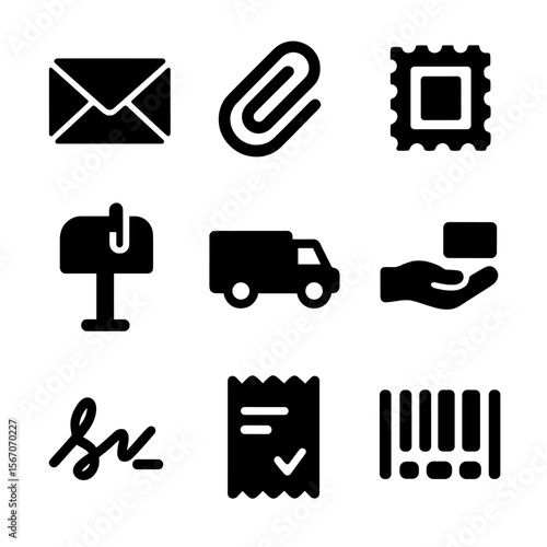 Document Delivery Icons. Solid, filled icon set of document delivery: sealed envelope, paper clip, postal stamp, mailbox, courier