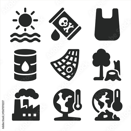 Coral Bleaching Causes Icons. Solid, filled icon set of causes of coral reef bleaching: heat wave, chemical spill, plastic bag,