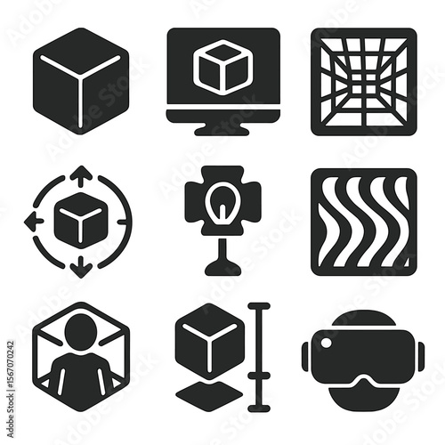 3D Design Icon Grid. Solid, filled icons set of 3D design and rendering: 3D cube, render icon, perspective