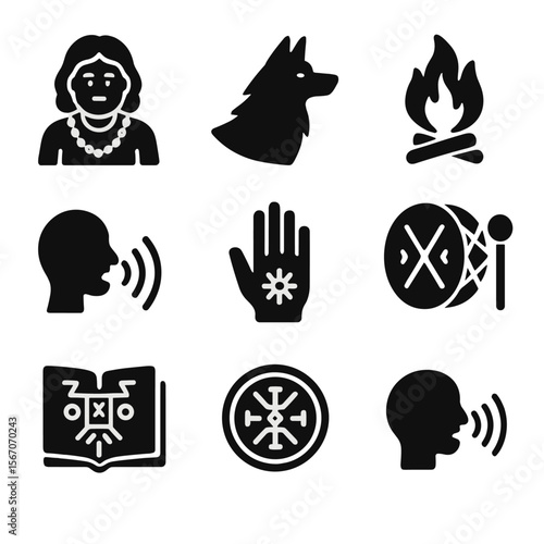 Indigenous Storytelling Icons. Solid, filled icons set of indigenous storytelling: tribal elder, spirit animal
