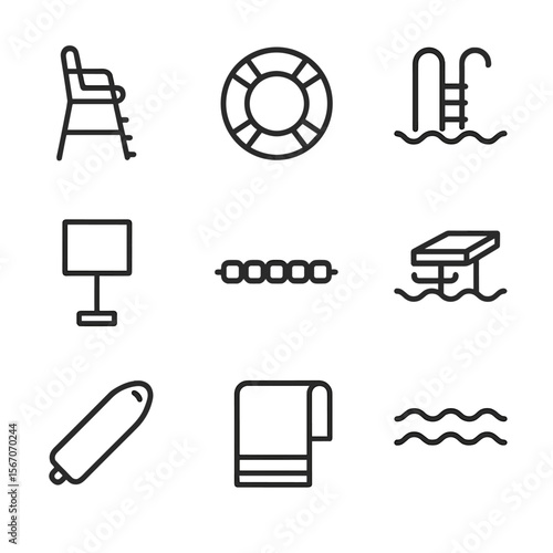 Pool Safety Icons. Outline icon set of pool environment and safety: lifeguard chair, lifebuoy ring, pool ladder, depth marker sign
