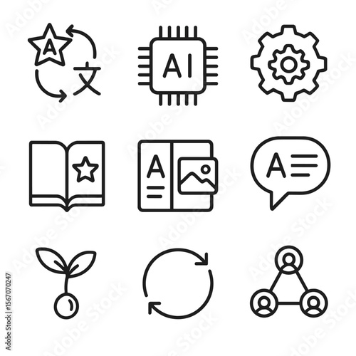 AI Translation Icon Set. Outline icon set of emerging AI translation features: zero-shot translation, on-device inference chip,