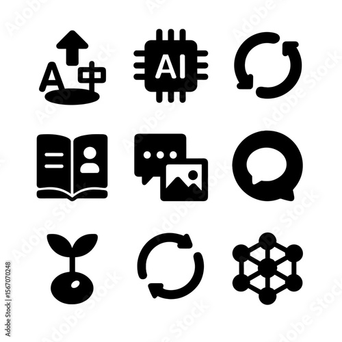 AI Translation Icons. Solid, Filled icon set of emerging AI translation features: zero-shot translation, on-device inference chip,