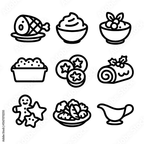 Christmas Dinner Icons. Solid, filled icon set of traditional Christmas dishes: glazed ham, mashed potatoes, cranberry sauce,