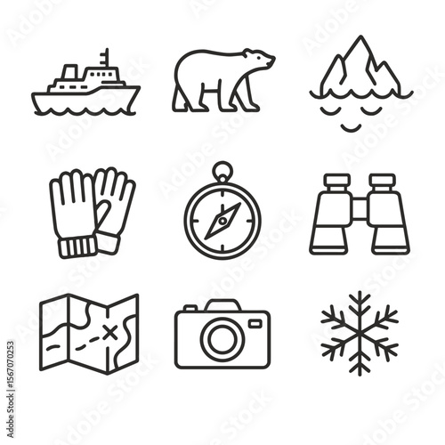 Polar Expedition Icons. Outline icon set of polar expedition cruises: icebreaker ship, polar bear, iceberg, compass, binoculars,