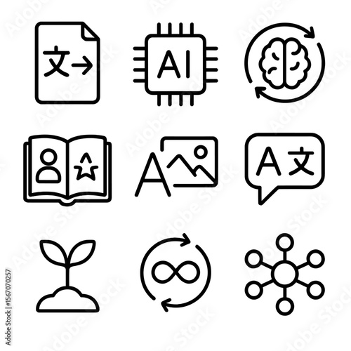 AI Translation Icon Set. Outline icon set of emerging AI translation features: zero-shot translation, on-device inference chip,