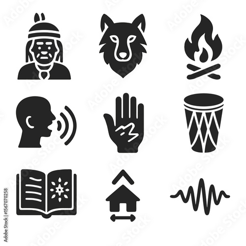 Indigenous Storytelling Icons. Solid, filled icons set of indigenous storytelling: tribal elder, spirit animal
