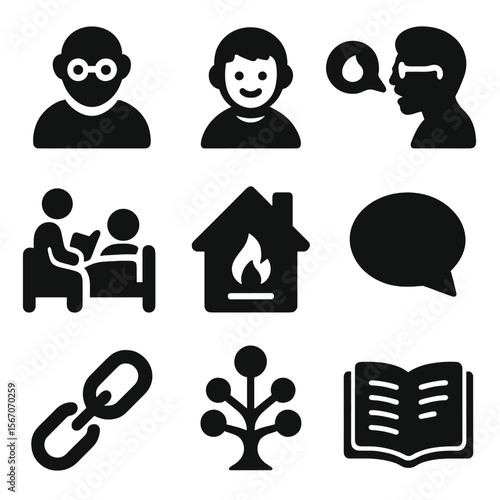 Intergenerational Story Icons. Solid, filled icons set of intergenerational storytelling: grandparent icon,