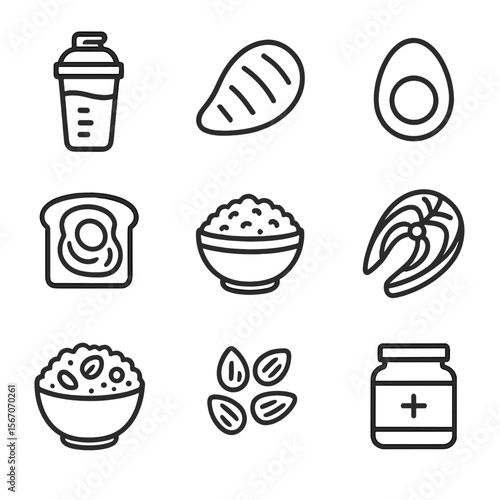 Post-Workout Recovery Icons. Outline icon set of post-workout recovery foods: protein shake bottle, grilled chicken breast, boiled