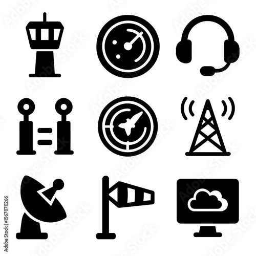 Air Traffic Control Icons. Solid, Filled icon set of air traffic control: control tower, radar screen, headset microphone, runway