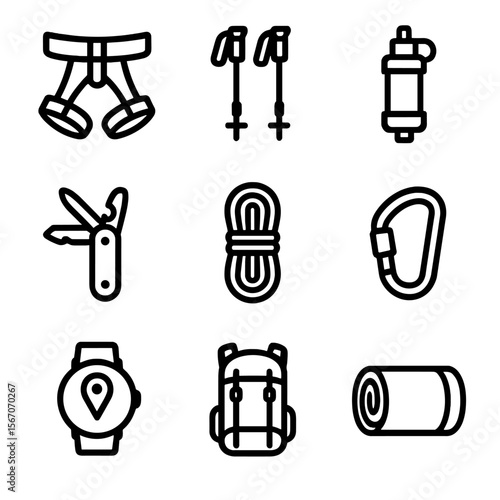 Mountain Equipment Icons. Solid, filled icon set of Mountain tools and equipment: climbing harness, trekking poles, water filter,