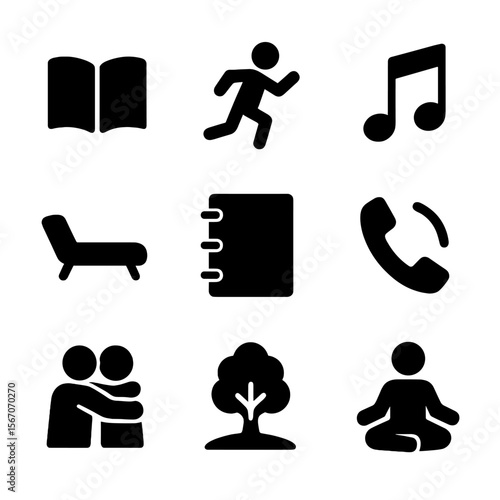 Coping Mechanisms Icons. Solid, filled icon set of coping mechanisms: book, exercise, music note, therapy couch, journal, phone