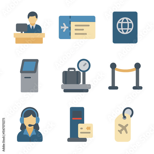 Airport Check-In Icons. Flat icon set of passenger check-in: check-in desk, boarding pass, passport, kiosk, baggage scale, queue