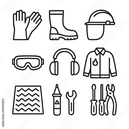 PPE Icon Set. Outline icon set of personal protective equipment: insulated gloves, rubber safety boots, safety helmet with visor,
