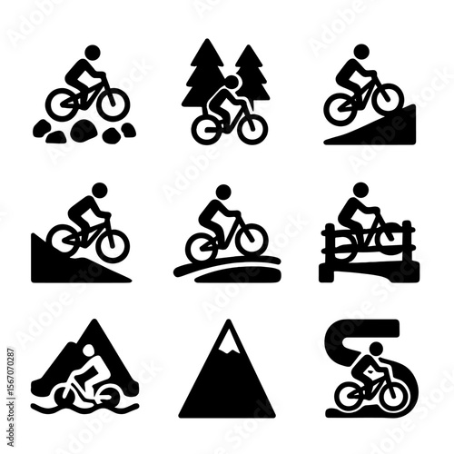 Mountain Biking Icons. Solid, filled icon set of mountain biking terrains: rocky trail, forest path, hill climb, downhill slope,