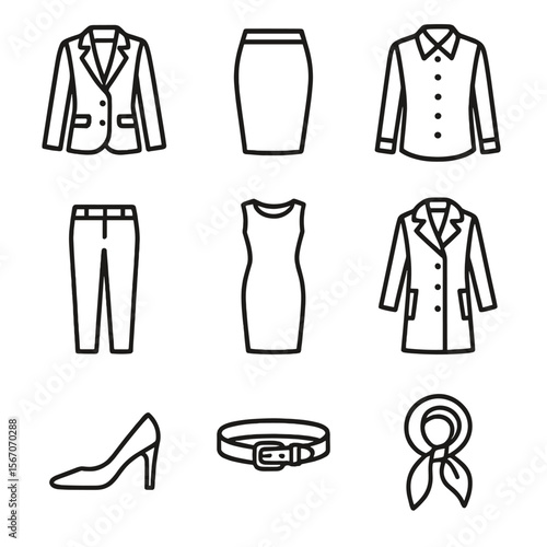 Power Wardrobe Icons. Outline icon set of power wardrobe essentials: tailored blazer, pencil skirt, dress shirt, dress trousers,