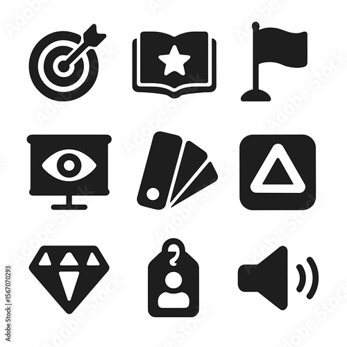 Brand Strategy Icons. Solid, filled icons set of brand strategy development: target icon, brand book, mission