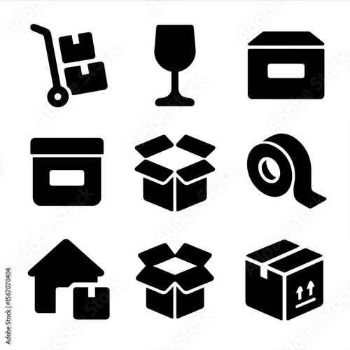 Moving Boxes Icons. Solid, filled icon set of moving boxes: hand truck with boxes, fragile symbol, packed box, room label box,