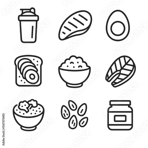 Post-Workout Recovery Icons. Outline icon set of post-workout recovery foods: protein shake bottle, grilled chicken breast, boiled