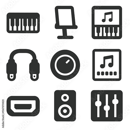 Digital Piano Icons. Solid, filled icons set of digital piano setup: digital keyboard, tablet stand, app