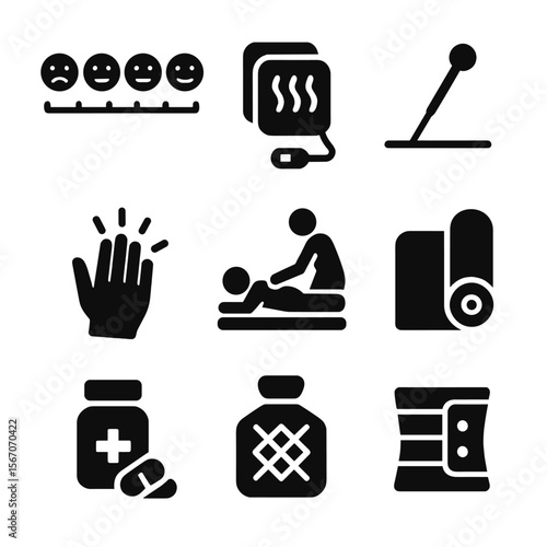 Chronic Pain Icon Set. Solid, filled icon set of chronic pain management: pain scale, heating pad, acupuncture needle, massage