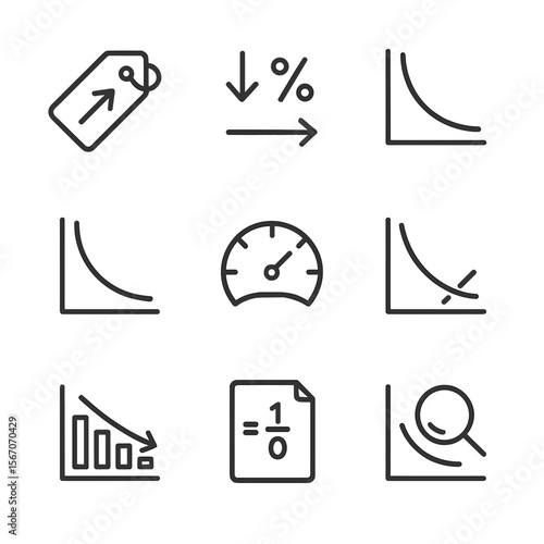 Price Elasticity Icons. Outline icon set of price elasticity concepts: price tag with arrow, percentage change symbol, elastic