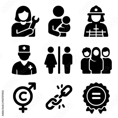 Breaking Gender Stereotypes. Solid, filled icons set of breaking gender roles: woman with wrench, man holding