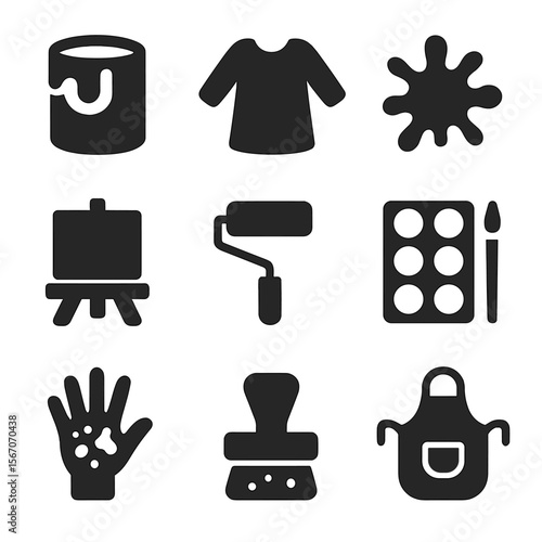 Kids Painting Icons. Solid, filled icons set of kids painting activities: paint pot, smock icon, splatter mark
