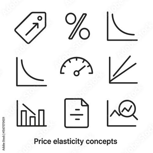 Price Elasticity Icons. Outline icon set of price elasticity concepts: price tag with arrow, percentage change symbol, elastic