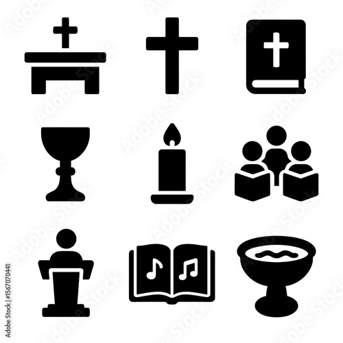 Church Service Icons. Solid, filled icon set of Church services: altar, cross, bible, chalice, candle, choir, pulpit, hymn book,