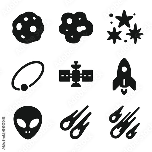 Cosmic Icon Grid. Solid, filled icon set of cosmic objects: asteroid, nebula cloud, star cluster, supernova, orbit path, space