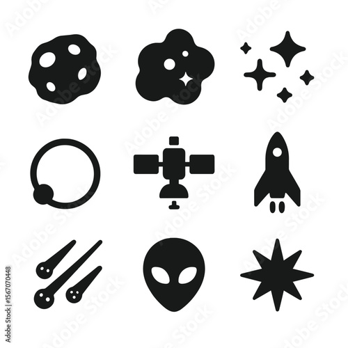 Cosmic Icon Grid. Solid, filled icon set of cosmic objects: asteroid, nebula cloud, star cluster, supernova, orbit path, space