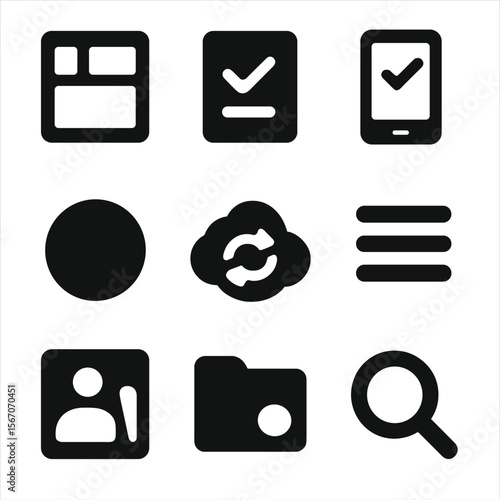 Digital Tool Icons. Solid, filled icons set of digital tools for task breakdown: app dashboard, task icon,