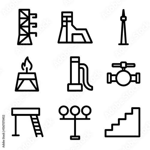 Cosmodrome Icon Set. Solid, filled icon set of Cosmodrome launch pad components: gantry tower, service arm, flame trench,