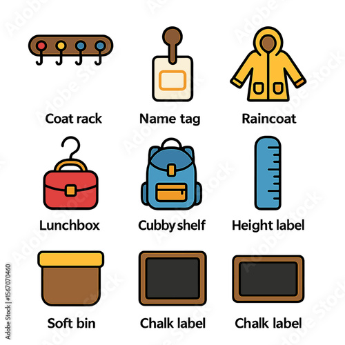 Kids' Storage Icons. Solid, filled icons set of kids’ coat and bag storage: colorful hooks, name tag peg, mini