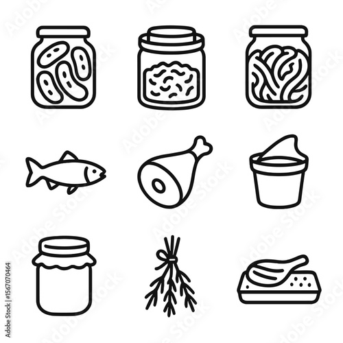Preservation Icon Set. Outline icon set of preservation and fermentation methods: pickling jar, sauerkraut crock, kimchi jar,