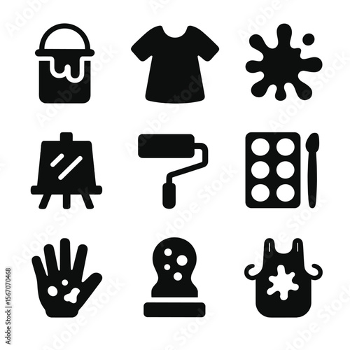 Kids Painting Icons. Solid, filled icons set of kids painting activities: paint pot, smock icon, splatter mark