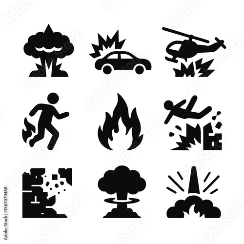 Cinematic Explosion Icons. Solid, filled icon set of cinematic explosions: action movie blast, car explosion, helicopter crash,