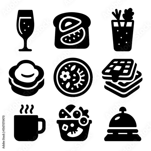 Brunch Icon Grid. Solid, filled icons set of brunch and drink pairings: mimosa glass, avocado toast, bloody