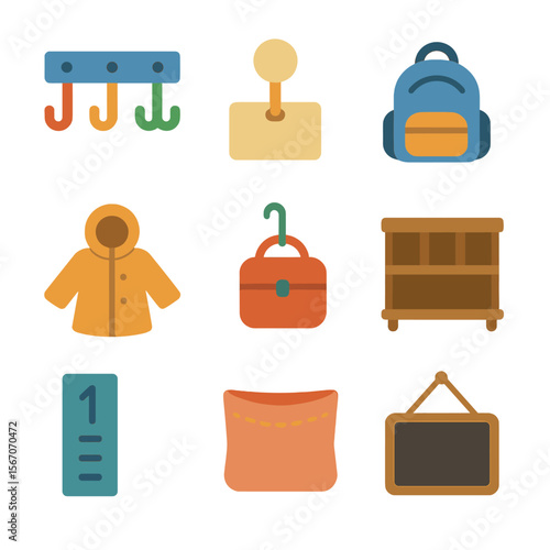Kids' Storage Icons. Solid, filled icons set of kids’ coat and bag storage: colorful hooks, name tag peg, mini