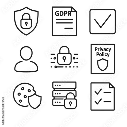 Privacy Icon Set. Outline icon set of privacy and data ethics in marketing: shield with lock, GDPR document, consent checkbox,