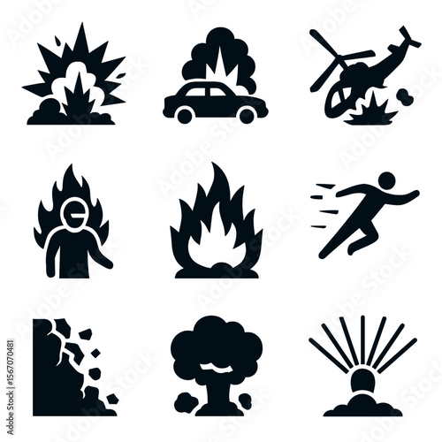Cinematic Explosion Icons. Solid, filled icon set of cinematic explosions: action movie blast, car explosion, helicopter crash,