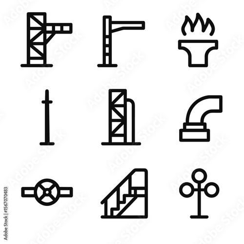 Cosmodrome Icon Set. Solid, filled icon set of Cosmodrome launch pad components: gantry tower, service arm, flame trench,