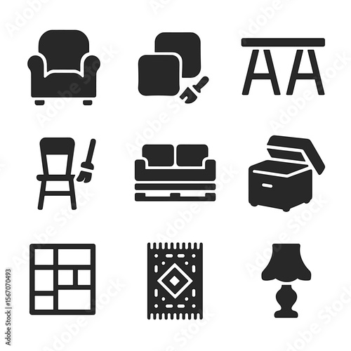 Budget Furniture Icons. Solid, filled icons set of budget-friendly furniture upgrades: slipcover, cushion set,
