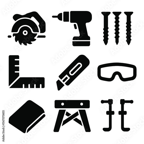 DIY Tools Icons. Solid, filled icons set of DIY remodeling tools: circular saw, cordless drill, screw set,