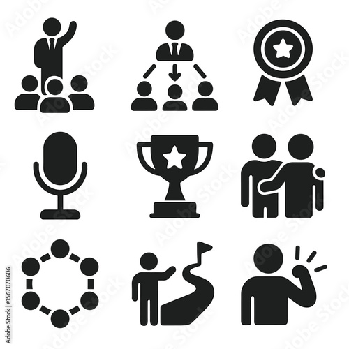 Leadership Icons Grid. Solid, filled icons set of leadership in collaborative environments: leadership icon,